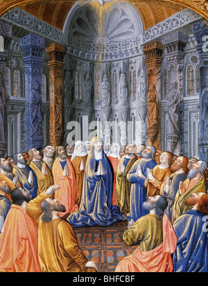 Religion, christianisme, livres, livre des heures du Duc de Berry, "Tres Riches Heures", 1410/1416, miniature par Jean de Limbourg, miracle de la Pentecôte, Musée Conde, Chantilly, , Banque D'Images