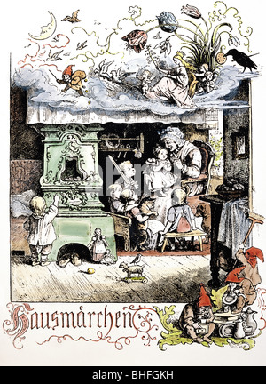 Littérature, contes de fées, frères Grimm, 'Hausmärchen', titre, lithographie colorée de Ludwig Richter, Allemagne, 1850, Banque D'Images