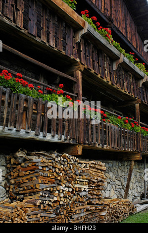Balcon avec des géraniums, ferme dans le Tyrol du Sud le musée de l'histoire locale à Dietenheim, Val Pusteria, le Tyrol du Sud, Italie Banque D'Images