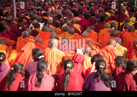 Pendant la prière des moines bouddhistes à Lumbini au Népal Banque D'Images