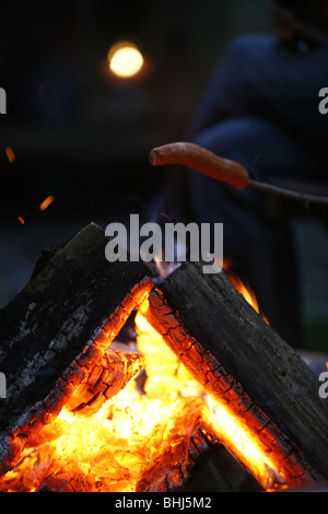 Une saucisse est cuite sur un feu Banque D'Images