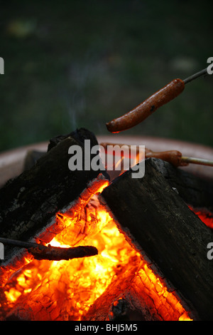 Une saucisse est cuite sur un feu Banque D'Images