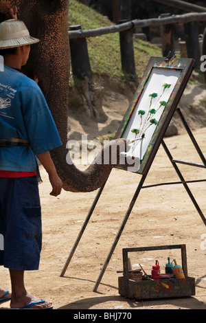 La peinture de l'éléphant d'Asie, d'art, d'art, animaux, design, illustration, Scénario, dessin, une couleur de l'eau d'une plante peint par elephant en Thaïlande. Banque D'Images