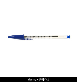 Coup de stylo bic bleu sur fond blanc Banque D'Images