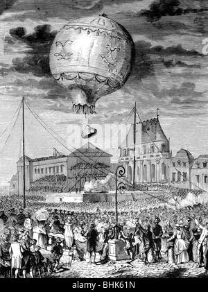 Transport / transport, aviation, ballons, montgolfière des frères Joseph Michel et Jacques Etienne Montgolfier, vol d'un ballon sans pilote, Château de Versailles, 19.9.1783, Banque D'Images