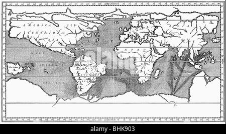 La cartographie, cartes du monde, carte physique avec description des courants océaniques une vulcains, gravure sur cuivre, 'Mundus' Micromys minutus par Athanasius Kircher, 1664, , n'a pas d'auteur de l'artiste pour être effacé Banque D'Images