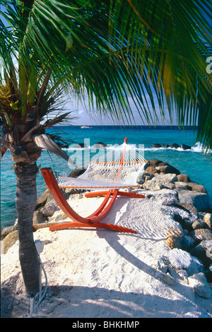 Hamac sur une plage, l'île de la Renaissance, Aruba Banque D'Images