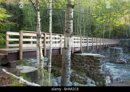 Un randonneur sur une passerelle dans les White Mountains, NH. À la fin de ce pont, les randonneurs entrent dans le Pemigewasset Wilderness Banque D'Images