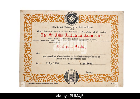 St John Ambulance Association certificat daté de juillet 1958 Banque D'Images