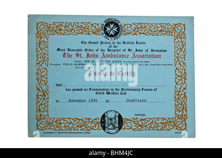 St John Ambulance Certificat de l'Association Novembre 1959 Banque D'Images