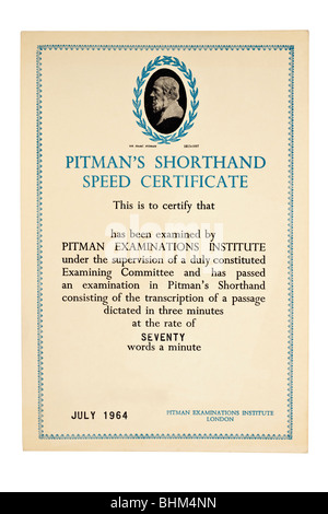 Examens Pitman's institute certificat pour un débit de 70 mots par minute en date du juillet 1964 Banque D'Images