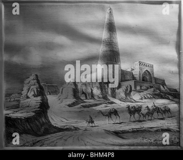 Tableau représentant la tour Burana sur l'ancienne Route de la soie, Bichkek, Kirghizistan Banque D'Images