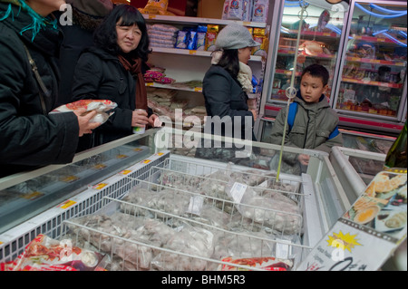 Paris, France, Asian Woman Food Shopping dans un supermarché chinois, « The Big Store » dans Chinatown, présentoir de produits surgelés, sacs en plastique Banque D'Images