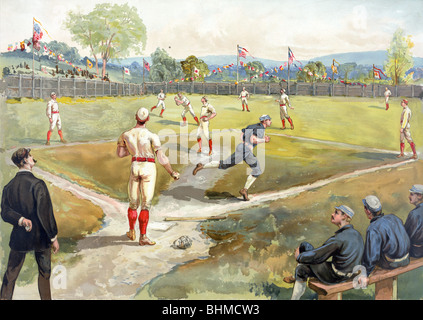 Impression couleur c1887 lithographie représentant un début de match de baseball aux États-Unis d'Amérique. Banque D'Images