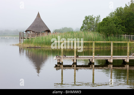 Matin brumeux à côté de la jetée et sur le lac de Llangorse Crannog reconstruit, parc national de Brecon Beacons, Powys, Pays de Galles. Banque D'Images