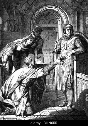 Frederick I 'Barbarossa', vers 1122 - 10.6.1190, roi d'Allemagne, empereur romain Saint 18.6.1155 - 10.6.1190, prostration devant Henry 'le Lion', gravure en bois, XIXe siècle, demi-longueur, Banque D'Images