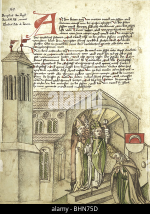 Religion, Christianisme, conseils, Conseil de Constance, 1414 - 1418, dépôt et excommunication du Pape Benoît XIII, 26.7.1417, illustration de la chronique d'Ulrich von Richental, 1420/1430, imprimé en 1483, Allemagne, armoiries, Pedro de Luna, anathema, Moyen âge, cérémonie, États papal, historique, Saint Empire romain, peuple médiéval Banque D'Images