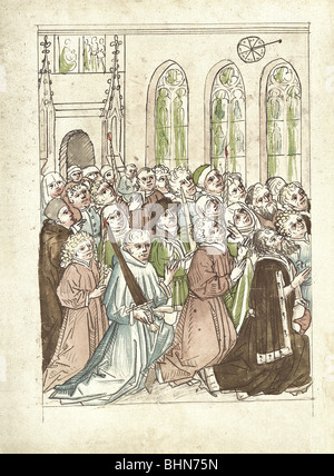 Religion, christianisme, conseil de Constance, 1414-1418, groupe de dévots à Muensterhof, côté sud du minster, miniature, chronique d'Ulrich von Richental, 1420/1430, imprimé 1483, conseils, XVe siècle, historique, historique, Allemagne, allemand, Moyen âge, prix empereur Sigismund, remise de Johann XXIII une rose d'or, prière, messe, Luxembourg, messe service d'église, service divin, service, aller à l'église, assister à l'église, peuple, croyant, croyants, médiéval, Banque D'Images