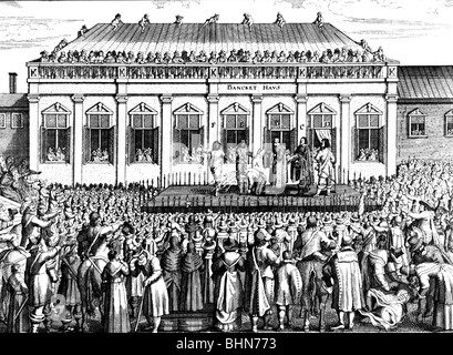 Charles I, 19.11.1600 - 30.1.1649, roi d'Angleterre, d'Écosse et l'Irlande 1625 - 1649, scène, la mort, l'exécution en face de Banqueting House, Whitehall, gravure sur cuivre, contemporain de l'artiste n'a pas d'auteur pour être effacé Banque D'Images