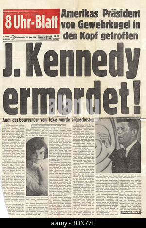 Kennedy, John Fitzgerald, 29.5.1917 - 22.11.1963, politicien américain, président des États-Unis, assassinat, titre, journal allemand, '8 Uhr-Blatt', 23.11.1963, Banque D'Images