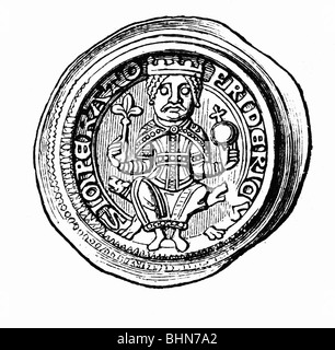 Frederick I 'Barbarossa', vers 1122 - 10.6.1190, roi d'Allemagne, empereur romain Saint 18.6.1155 - 10.6.1190, demi-longueur, assis, gravure en bois, après bracteate, XIIe siècle, Banque D'Images