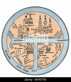 Cartographie, cartes du monde, âges moyens, carte du Codex de Leipzig, XIe siècle, reconnaissance par le Dr Konrad Kretschmer, 19ème siècle, orienté vers l'est, orientation, terre, disque, Europe, Asie, Afrika, Troy, babylone, océan, Carthage, Dardanelles, Hellespont, historique, historique, médiéval, Banque D'Images