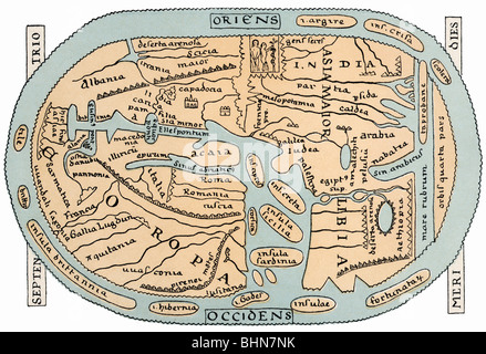 Cartographie, cartes du monde, âges moyens, carte de l'abbaye Saint Sever, XIe siècle, rekonstruktion par Dr. Konrad Kretschmer, 19ème siècle, Europe, Afrique, Asie, orienté vers l'est, orientation, paradis, Adam et Eve, disque, religion, Inde, Libye, Achaia, Océan méditerranéen, historique, médiéval, Banque D'Images