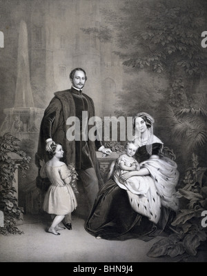 Maximilian II Joseph, 28.11.1811 - 10.3.1864, roi de Bavière 20.3.1848 - 10.3.1864, avec épouse Maria et fils Louis et Otto, Hohenschwangau, lithographie de Woelfle, vers 1850, Banque D'Images