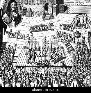 Justice, système pénitentiaire, pendaison, exécution de l'émeute Quaker, Londres, 4.2.1661, Banque D'Images