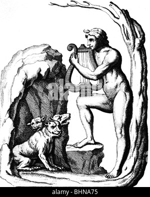 Cerberus (Kerberos), créature mythologique grecque, garde des Hadès, écoute de la musique Orpheus, gravure en bois, XIXe siècle, après gravure de 1757, Banque D'Images