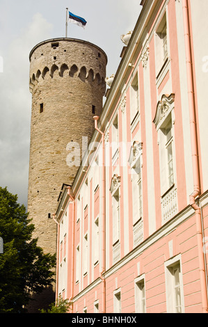 À la recherche jusqu'à Toompea, la partie la plus haute de la vieille ville (Vanalinn), Tallinn, Estonie. Le château abrite le parlement national Banque D'Images