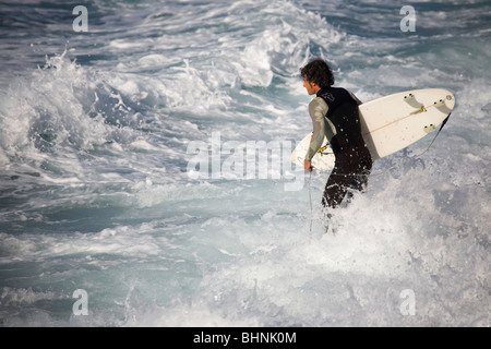 Surfer tente d'entrer dans l'eau pendant une grosse houle au El Lloret pause à Las Palmas de Gran Canaria Banque D'Images