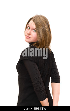 Portrait de jeune beauté femme européenne isolated over white background. Une personne de race blanche tourne rond. Banque D'Images