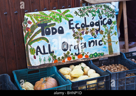 L'espagnol et l'anglais signe derrière des boîtes de légumes frais au marché en Espagne en disant toutes les matières organiques, Todo Ecologico. Banque D'Images