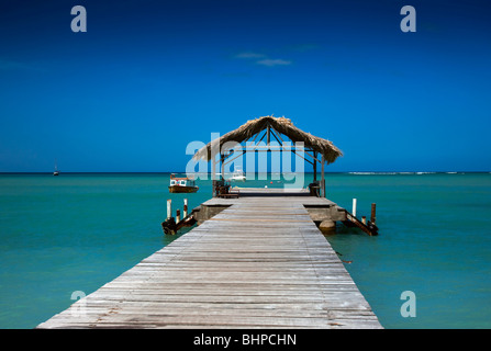 Le toit de chaume jetée à Pigeon Point Heritage Park Tobago contre un ciel bleu et l'aigue-marine mer. Banque D'Images