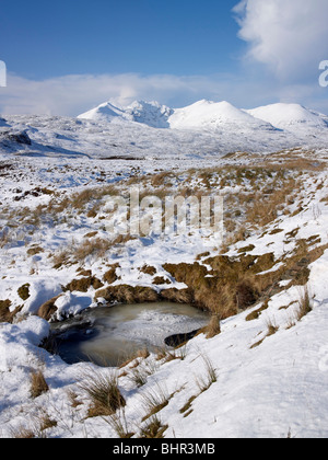 Un Teallach, recouvert de neige dans le grand gel de 2010, Wester Ross, les Highlands écossais, avec l'A832 à l'avant-plan sur la côte nord route 500 Banque D'Images