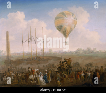 "L'ascension du ballon de Lunardi à la St George's Fields', c1790. Artiste : Julius Caesar Ibbetson Banque D'Images