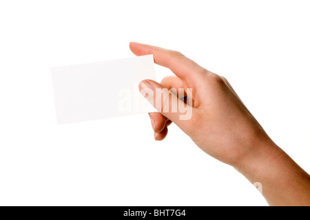 Seule main holding blank white card Banque D'Images