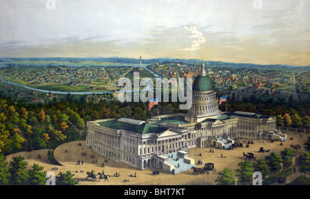 C1856 lithographie montrant une vue panoramique de la ville de Washington (maintenant connue sous le nom de Washington DC) avec Capitole en premier plan. Banque D'Images