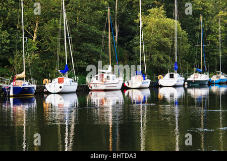 Bateaux amarrés sur les rives de l'eau Six Mile près de Lough Neagh, comté d'Antrim, en Irlande du Nord Banque D'Images