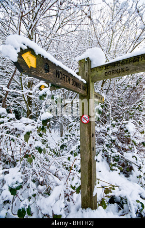 North Downs Way panneau recouvert de neige, près de Dorking, Surrey, UK Banque D'Images