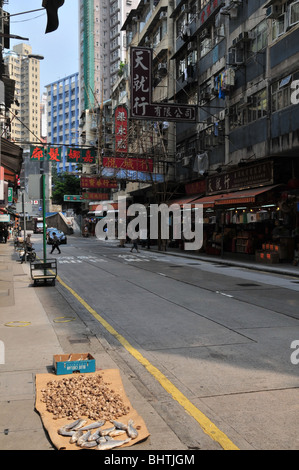 Le séchage du poisson et des fruits de mer sur une feuille de carton, bordure trottoir en face de l'appartement de blocs, Queen's Road West, Hong Kong, Chine Banque D'Images