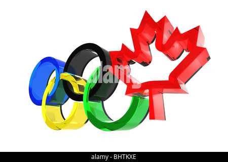 Anneaux olympiques avec un symbole de la feuille d'érable du Canada. Concept des Jeux Olympiques de Vancouver 2010. Isolé sur fond blanc. Banque D'Images