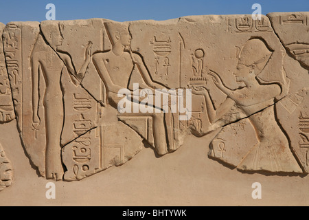 Relief représentant le pharaon égyptien Seti I faisant une offrande au Dieu Amon au temple mortuaire de Seti I sur la Cisjordanie de Louxor, en Égypte Banque D'Images