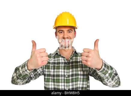 Beau portrait de travailleur de la construction positive on white Banque D'Images