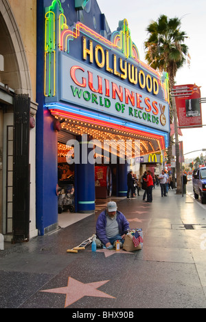 Le Musée Guinness Hollywood Records du monde sur le Walk of Fame sur Hollywood Boulevard avec quelqu'un polissage les étoiles. Banque D'Images