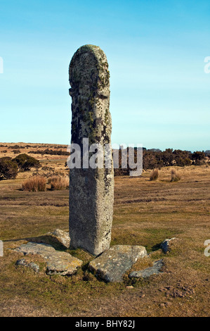 ' Long Tom ' une pierre antique christianisé à larbins sur Bodmin Moor, Cornwall, uk Banque D'Images