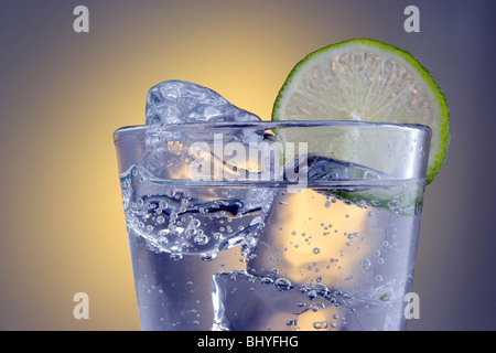 Club Soda sur les rochers à la lime slice garnir sur fond uni Banque D'Images