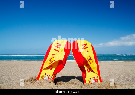 Tongs dans des couleurs du drapeau espagnol avec l'Espagne écrit sur eux Banque D'Images