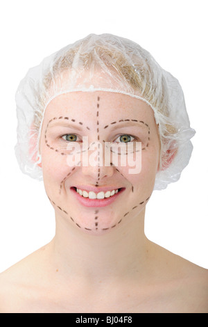 Portrait d'une femme avant la chirurgie plastique, lifting isolated on white Banque D'Images